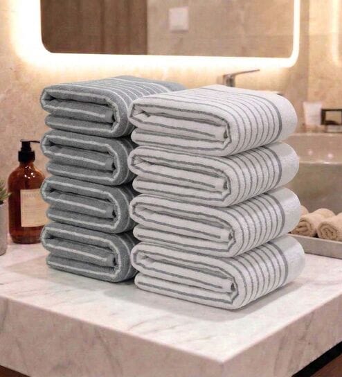 Grey And White Grey Stripes Grey 100% Cotton 400 Gsm Hand Towels Pack Of 8