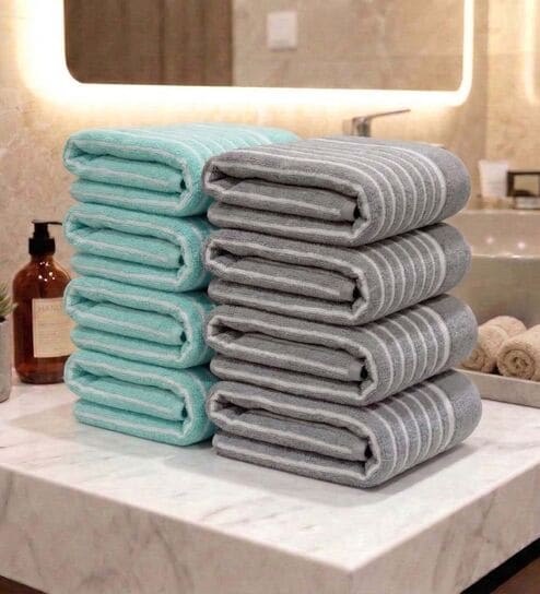 Sea Green & Grey 100% Cotton 400 Gsm Hand Towels Pack Of 8