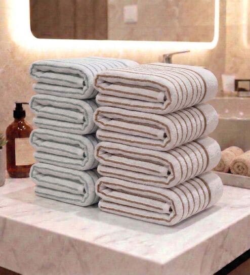 White With Grey & Brown Stripes 100% Cotton 400 Gsm Hand Towels Pack Of 8
