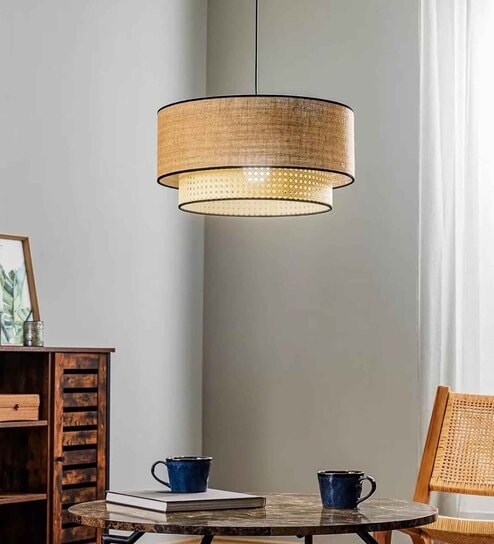 Premium Handmade Rattan Cane Pendant Hanging Light with Jute Shade (Black & Beige)