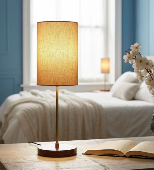 Premium Jute Cylinder Fabric Shade Table Lamp, Brown Wooden Base Bedside & Desk Light for Bedroom, Living Room & Home Decor