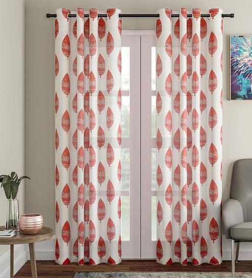 Buy Red Sheer Cotton 9 Feet Eyelet Long Door Curtain By Soumya