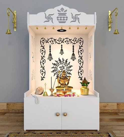 Premium White Wooden Floor Pooja Mandir with Laser-Cut Om Design & Storage Cabinet