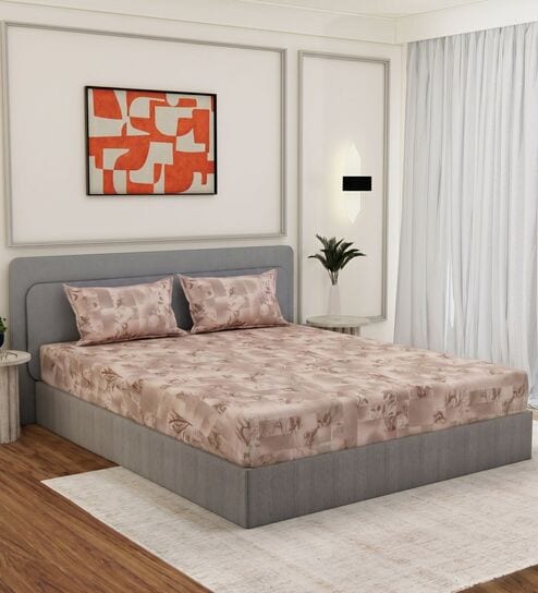 Brown Abstract 144 TC Cotton Double Size Bedsheet With 2 Pillow Covers