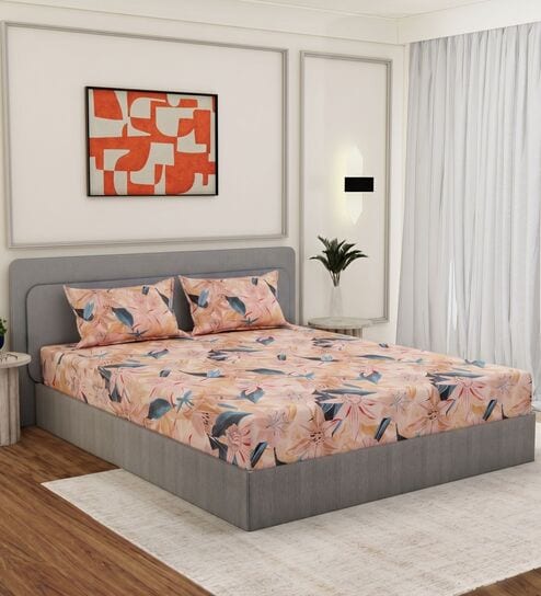Blue Floral 144 TC Cotton Double Size Bedsheet With 2 Pillow Covers