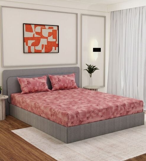 Pink Ptachwork 144 TC Cotton Double Size Bedsheet With 2 Pillow Covers