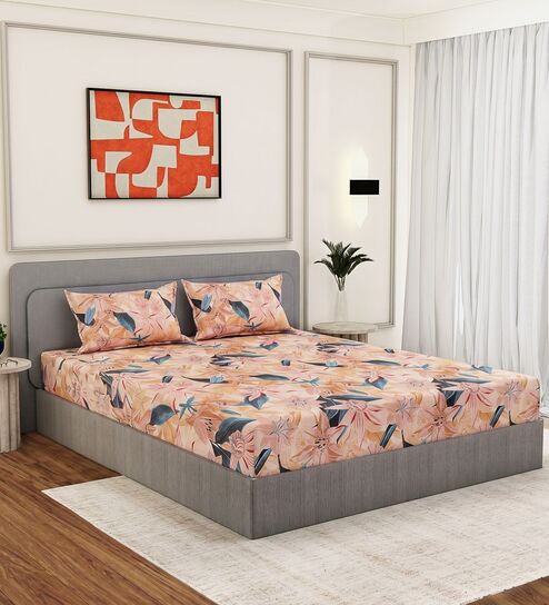 Blue Floral 144 TC Cotton Fitted King Sized Bedsheet With 2 Pillow Covers