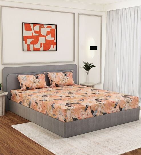 Orange Floral 144 TC Cotton Fitted King Sized Bedsheet With 2 Pillow Covers