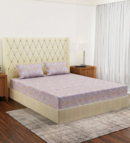 Purple Vertical Floral 144 TC Cotton Fitted King Sized Bedsheet With 2 Pillow Covers