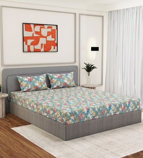 Blue Vertical Floral 144 TC Cotton Fitted King Sized Bedsheet With 2 Pillow Covers