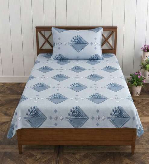 Prime Blue Grace Double 186 TC Cotton Bedsheet With 2 Matching Pillow Covers