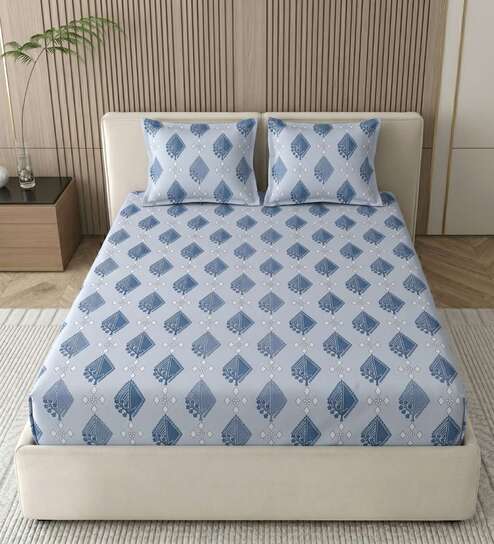 Prime Blue Grace Double 186 TC Cotton Bedsheet With 2 Matching Pillow Covers