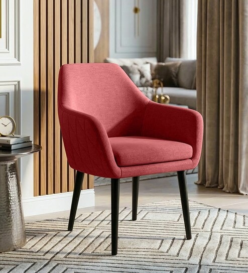 Classic Modern Arm Dining Chair With Black Iron Legs In Pink Color