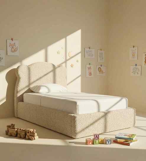 Princess Boucle Kids Twin Bed With Hydraulic Storage In Cream Colour