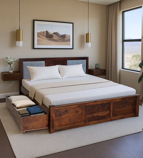 Princeton Sheesham Wood Queen Size Bed In Provincial Teak Finish With Drawer Storage
