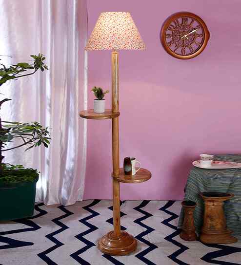 Printed Cotton Conical Wooden Floor Lamp