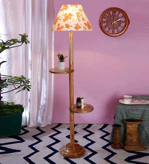 Printed Cotton Conical Wooden Floor Lamp