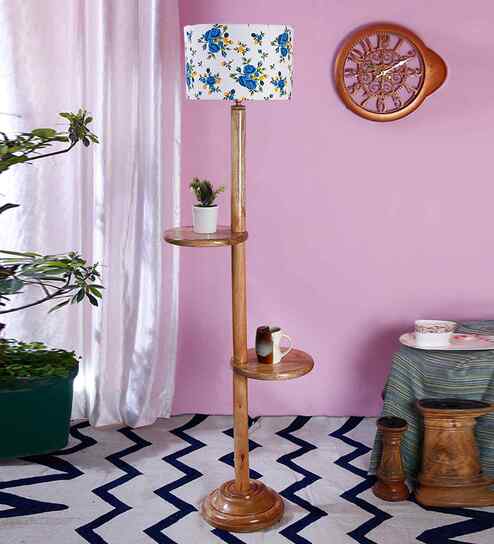 Printed Cotton Drum Wooden Floor Lamp