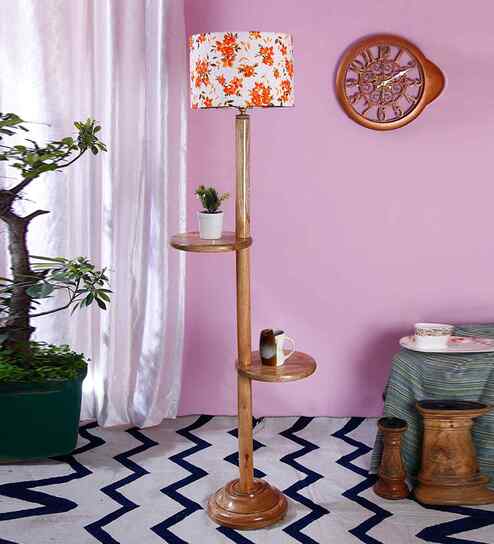 Printed Cotton Drum Wooden Floor Lamp
