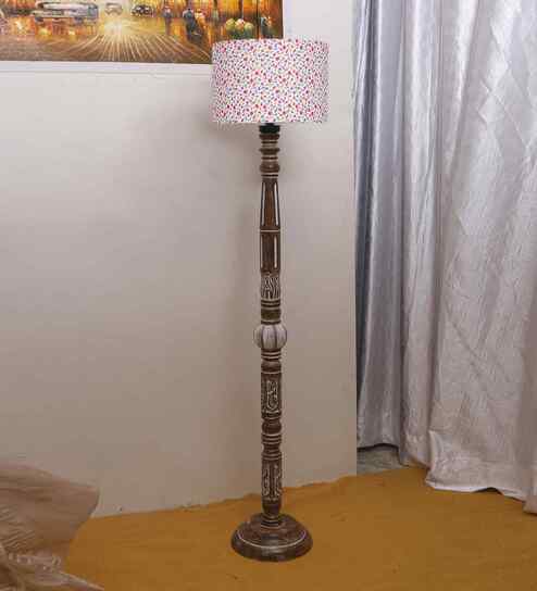Printed Cotton Drum Wooden Floor Lamp