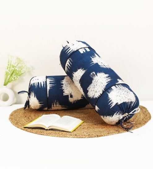 Printed Abstract 2 Pcs Cotton Bolster Cover set - Blue ,15 x 30 inches