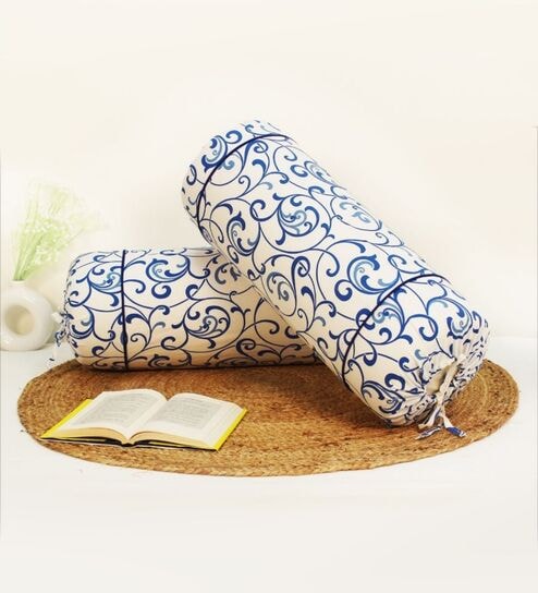 Printed Floral Cotton 2 Pcs Bolster Cover set -  Blue ,15 x 30 inches