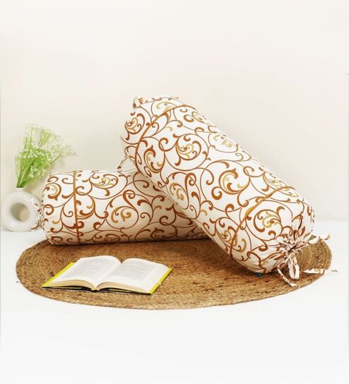 Printed Floral Cotton 2 Pcs Bolster Cover set -  Mustard ,15 x 30 inches