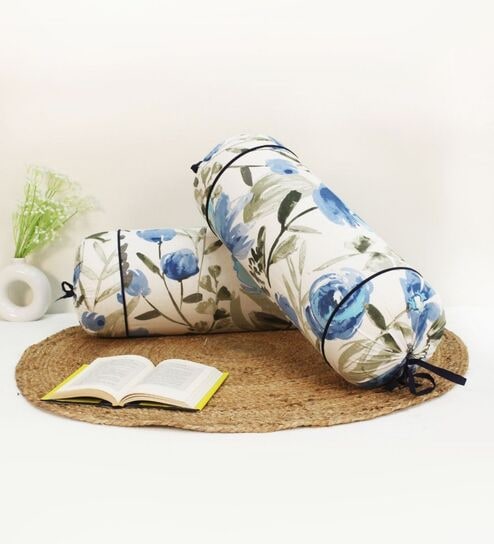 Printed Floral Cotton 2 Pcs Bolster Cover set - Blue ,15 x 30 inches