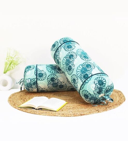 Printed Floral Cotton 2 Pcs Bolster Cover set - Blue ,15 x 30 inches
