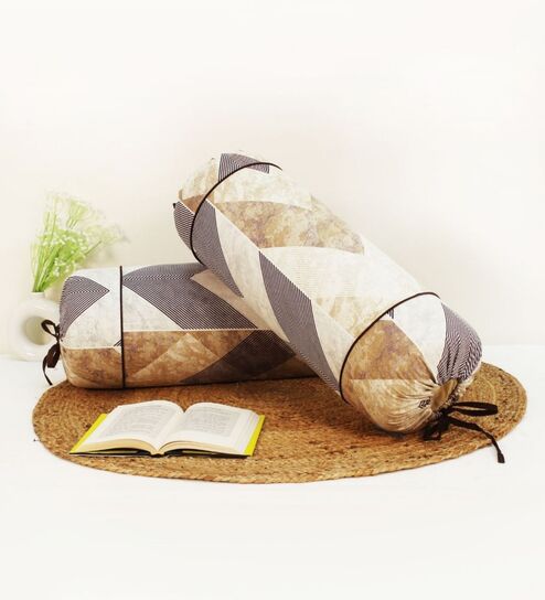 Printed Floral Cotton 2 Pcs Bolster Cover set - Brown ,15 x 30 inches