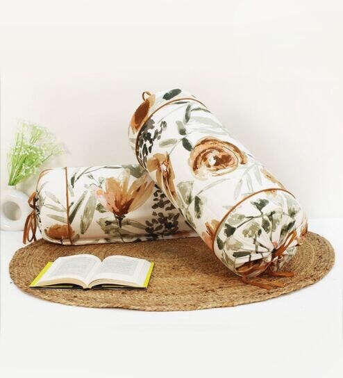 Printed Floral Cotton 2 Pcs Bolster Cover set - Brown ,15 x 30 inches