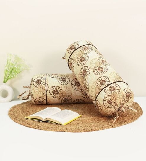 Printed Floral Cotton 2 Pcs Bolster Cover set - Brown ,15 x 30 inches
