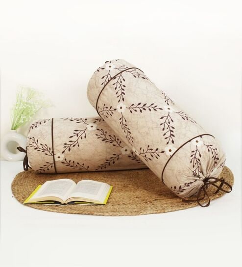 Printed Floral Cotton 2 Pcs Bolster Cover set - Coffee ,15 x 30 inches