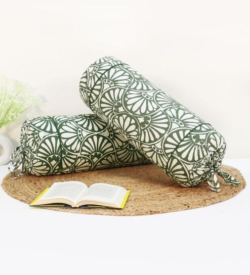 Printed Floral Cotton 2 Pcs Bolster Cover set - Green ,15 x 30 inches