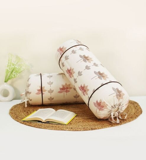 Printed Floral Cotton 2 Pcs Bolster Cover set - White ,15 x 30 inches