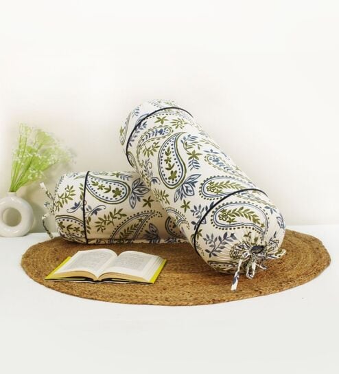 Printed Paisley Cotton 2 Pcs Bolster Cover set - Blue ,15 x 30 inches