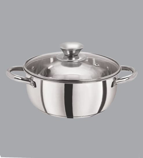 Silver 1.2 Ltrs Tri Ply Induction Base Stainless Steel Cook & Serve Casserole Set With Glass Lid