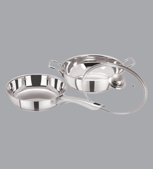 Silver Stainless Steel Tri Ply Induction Base Kadai and Fry Pan Cookware Set With Glass Lid