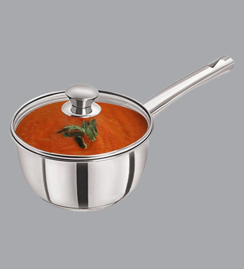 Silver 1.2 Ltrs Tri Ply Induction Base Stainless Steel Sauce Pan With Glass Lid