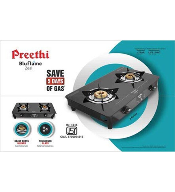 Buy Preethi 2 Brass Burners Manual Glass Gas Stove (Model No GTS123