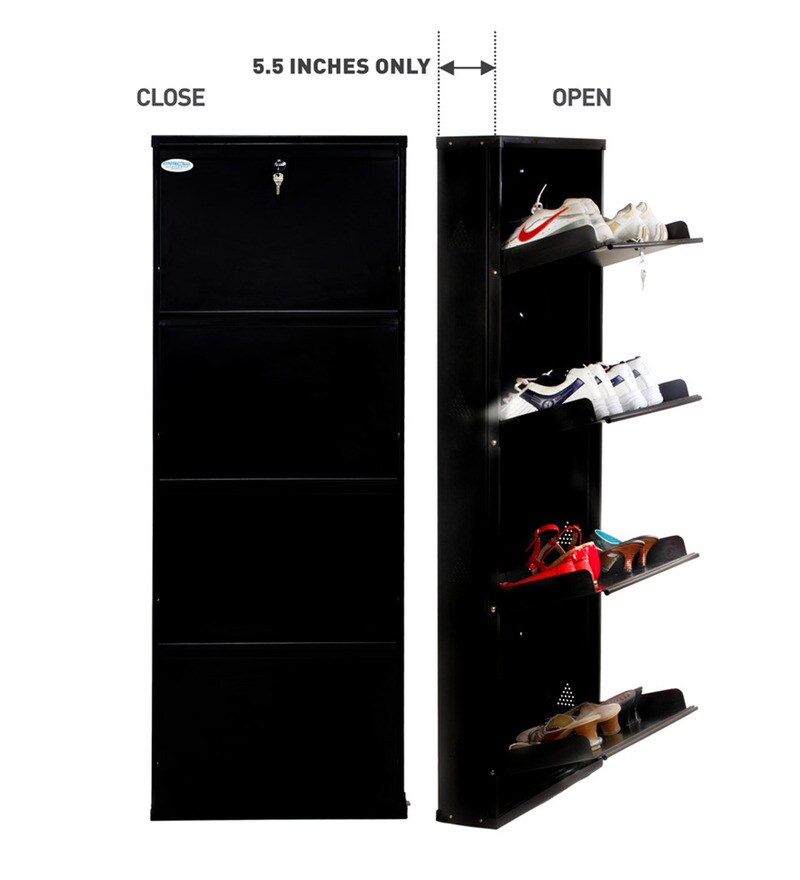 Buy Prab Metal Black 4 Shelves Wall Mounted Shoe Rack With Folding Door Online Modern Metal Shoe Racks Shoe Racks Furniture Pepperfry Product