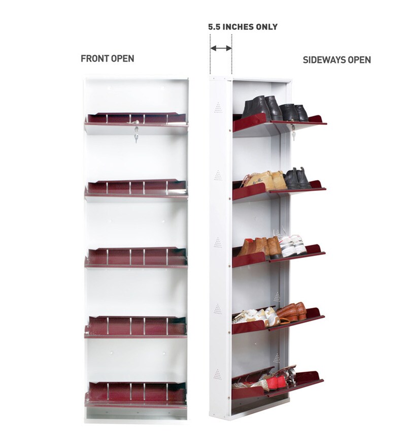 Buy Prab Metal White Maroon 5 Shelf Shoe Rack Stand With Folding Door Online Modern Metal Shoe Racks Shoe Racks Furniture Pepperfry Product