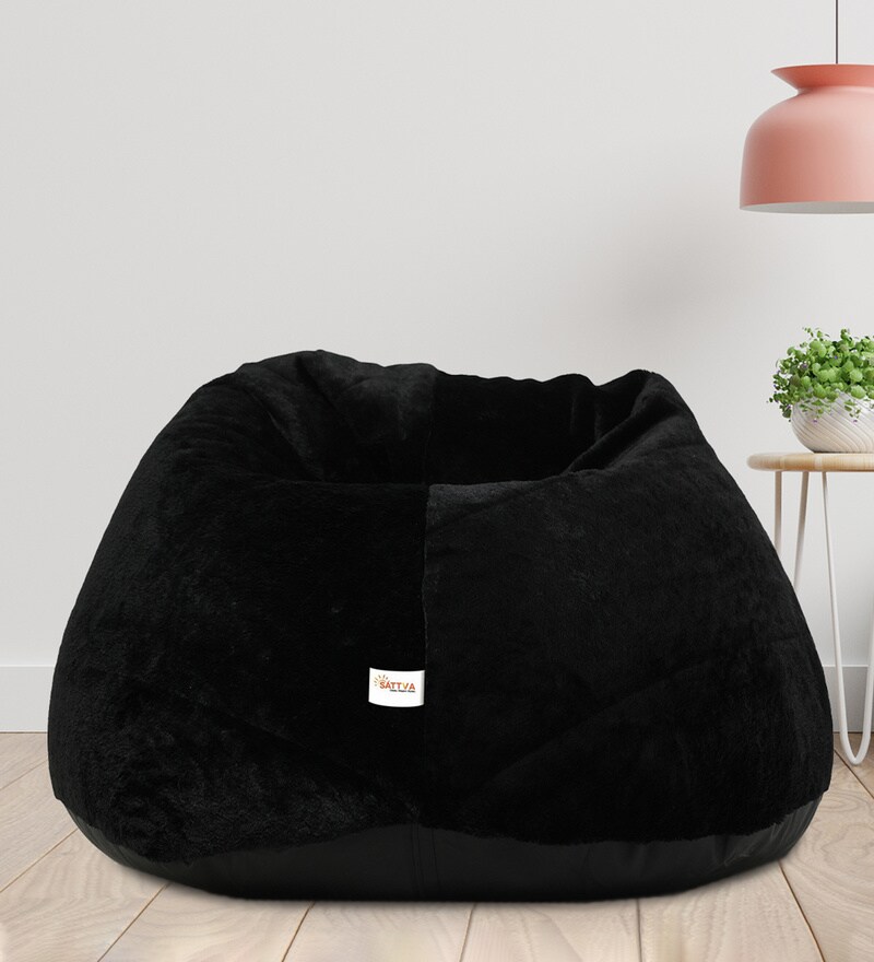 Buy Premium Fur Jumbo Bean Bag with Beans in Black Colour by Sattva