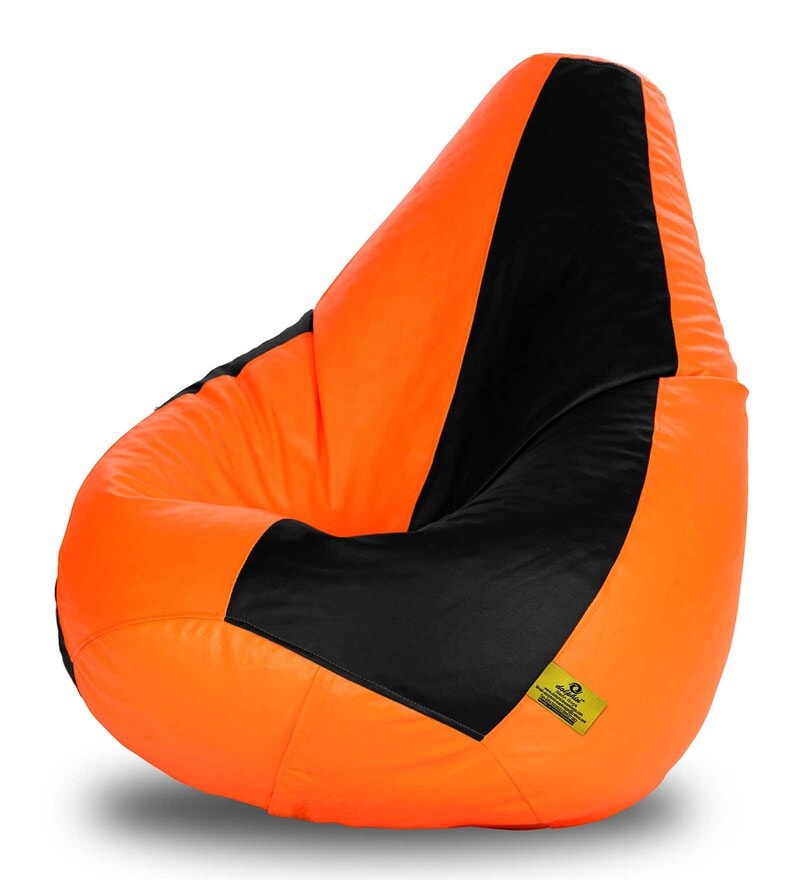 Buy Premium XXL Size Bean Bag & Foot Stool with Beans in Black & Orange