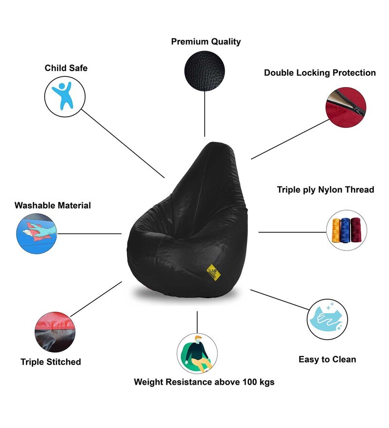 Buy Premium XXL Size Bean Bag & Foot Stool with Beans in Black & Orange