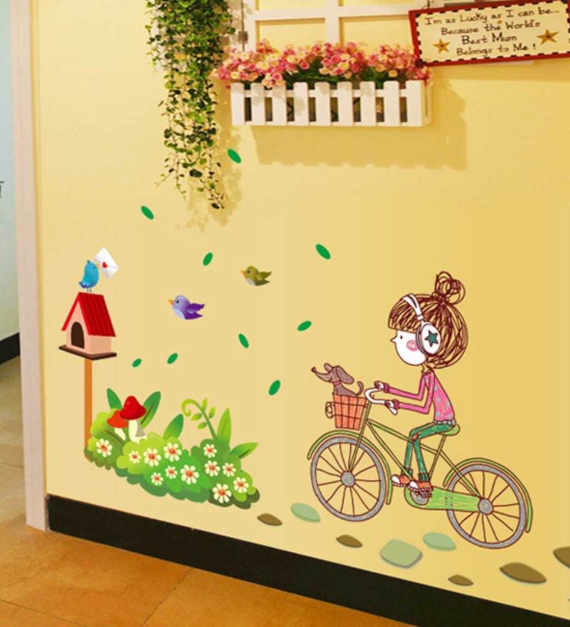 Buy Little Girl on Cycle Wall Sticker by Print Mantras Online Wall