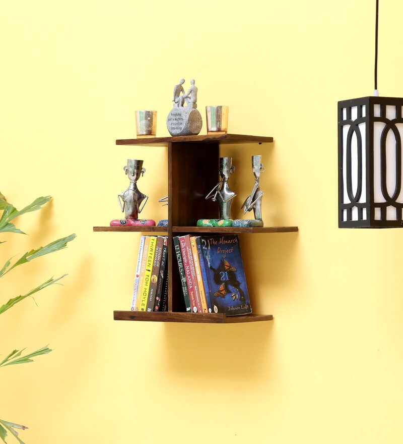 Buy Provincial Sheesham Wood Floating Wall Shelves in Brown Colour