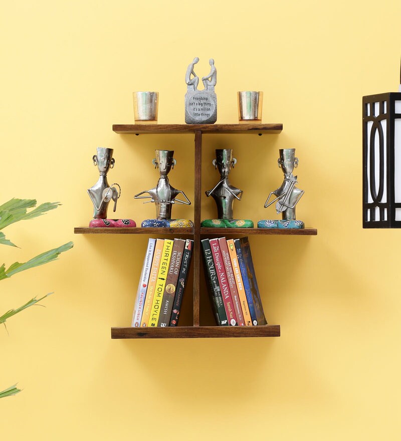Buy Provincial Sheesham Wood Floating Wall Shelves in Brown Colour