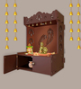 Premium Art of Mor Pankh Brown Wooden Temple for Home with Inbuilt Focus Light & Spacious Shelf