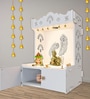 White Finish Art of Mor Pankh Floor Temple with Spacious Wooden Shelf & Inbuilt Focus Light